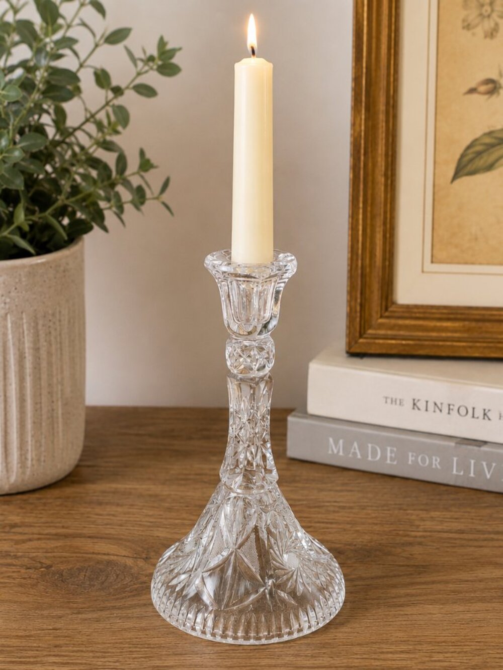 VTG Cut Crystal Candlestick Holder – Starburst Floral Pattern –DePlomb Glass